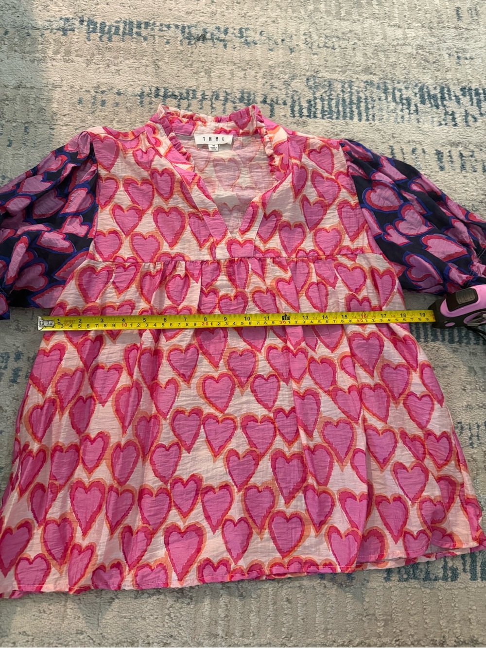 THML Pink Heart-Print V-Neck Short Sleeve Blouse - Picture 4 of 5